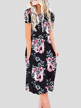 Short-sleeved Floral Print Mid-waist Midi Dress - Midi Dresses - INS | Online Fashion Free Shipping Clothing, Dresses, Tops, Shoes - 19/07/2021 - 20-30 - color-black