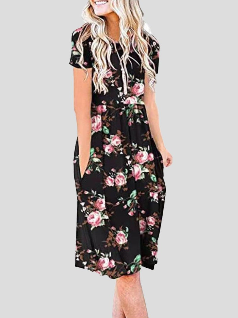 Short-sleeved Floral Print Mid-waist Midi Dress - Midi Dresses - INS | Online Fashion Free Shipping Clothing, Dresses, Tops, Shoes - 19/07/2021 - 20-30 - color-black