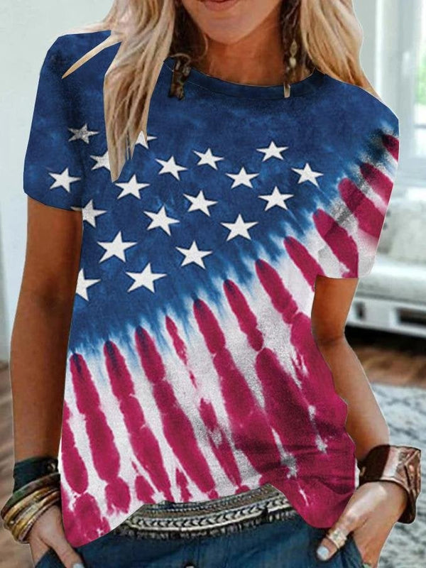 Short-sleeved Star Print Contrast T-shirt - T-shirts - INS | Online Fashion Free Shipping Clothing, Dresses, Tops, Shoes - 10-20 - 19/06/2021 - color-blue