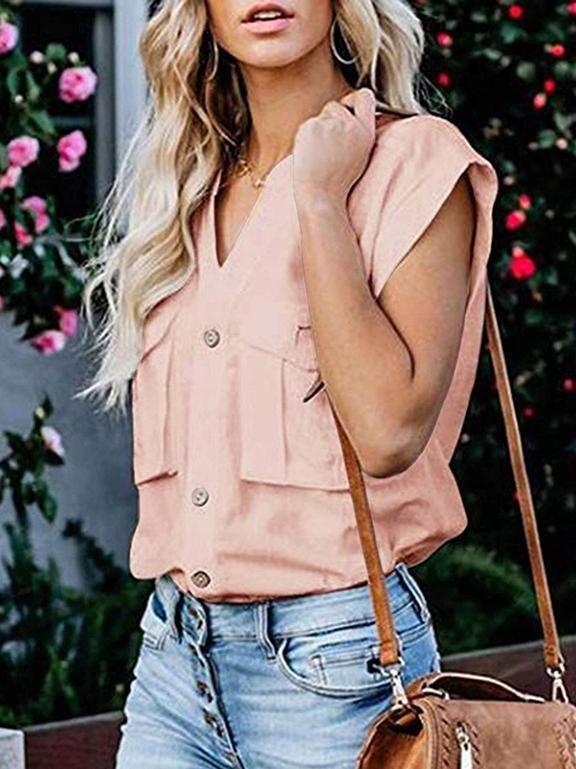 Short-sleeved V-neck Button Blouse - Blouses - INS | Online Fashion Free Shipping Clothing, Dresses, Tops, Shoes - 20-30 - 21/06/2021 - BLO2106210131