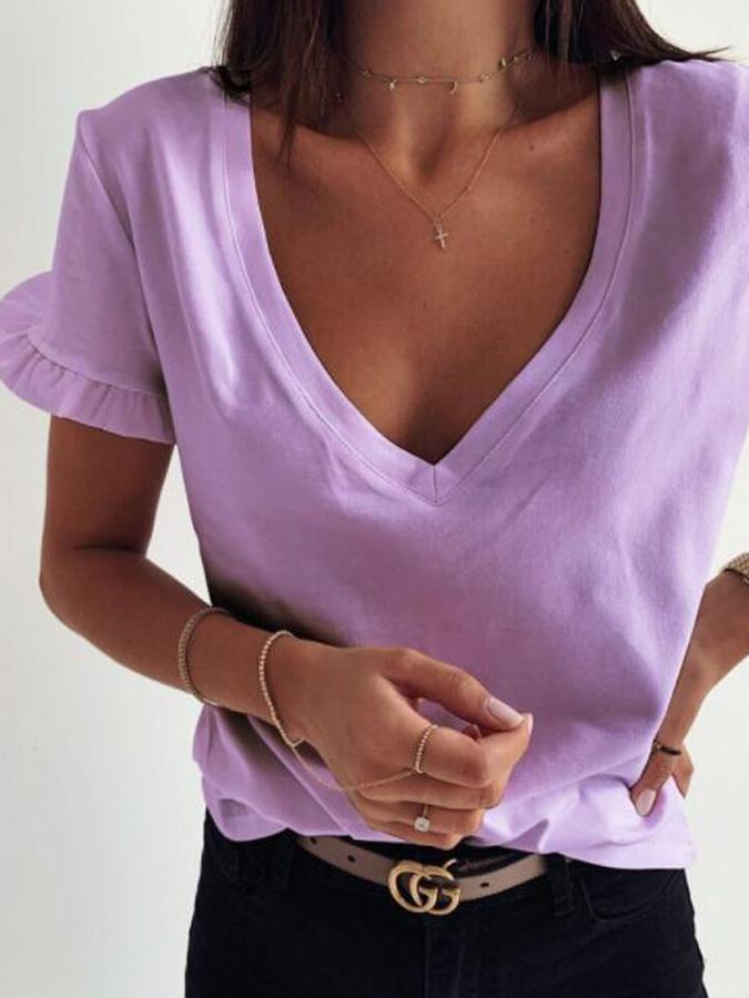 Simple Solid V-Neck Ruffle Short Sleeve T-Shirts - T-Shirts - INS | Online Fashion Free Shipping Clothing, Dresses, Tops, Shoes - 10-20 - 21/06/2021 - Category_T-Shirts