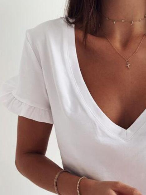Simple Solid V-Neck Ruffle Short Sleeve T-Shirts - T-Shirts - INS | Online Fashion Free Shipping Clothing, Dresses, Tops, Shoes - 10-20 - 21/06/2021 - Category_T-Shirts
