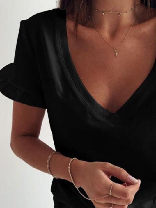 Simple Solid V-Neck Ruffle Short Sleeve T-Shirts - T-Shirts - INS | Online Fashion Free Shipping Clothing, Dresses, Tops, Shoes - 10-20 - 21/06/2021 - Category_T-Shirts