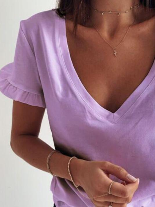 Simple Solid V-Neck Ruffle Short Sleeve T-Shirts - T-Shirts - INS | Online Fashion Free Shipping Clothing, Dresses, Tops, Shoes - 10-20 - 21/06/2021 - Category_T-Shirts