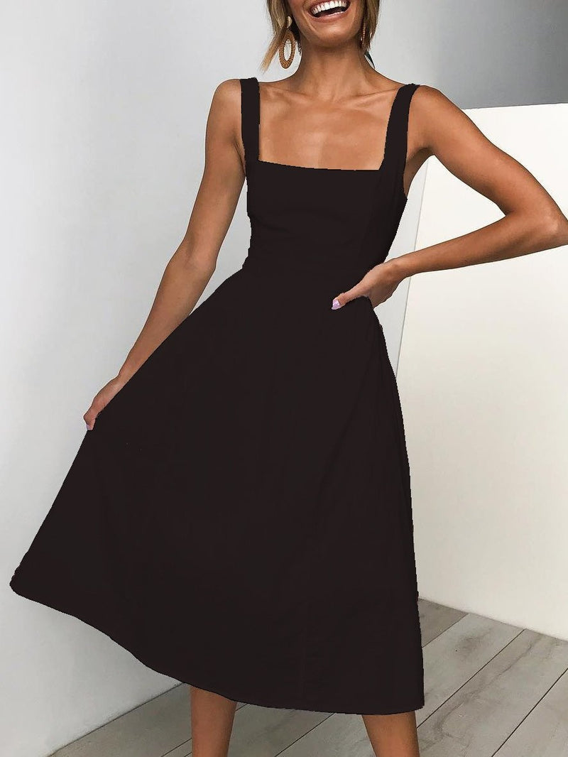 Simple Suspender Square Neck Backless Dress - Midi Dresses - INS | Online Fashion Free Shipping Clothing, Dresses, Tops, Shoes - 13/07/2021 - 20-30 - color-black