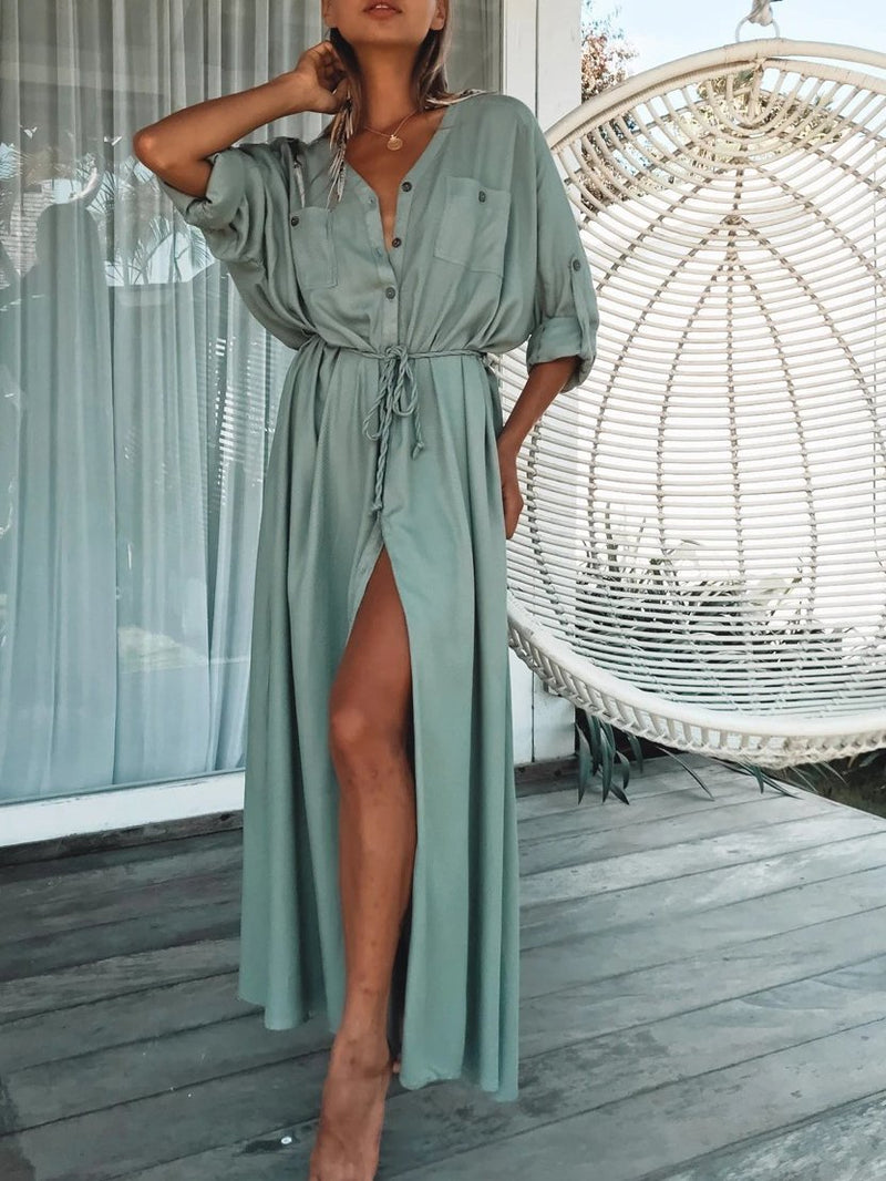 Single-breasted Belt Beach Sun Protection Shirt Long Dress - Maxi Dresses - INS | Online Fashion Free Shipping Clothing, Dresses, Tops, Shoes - 12/07/2021 - 30-40 - color-green