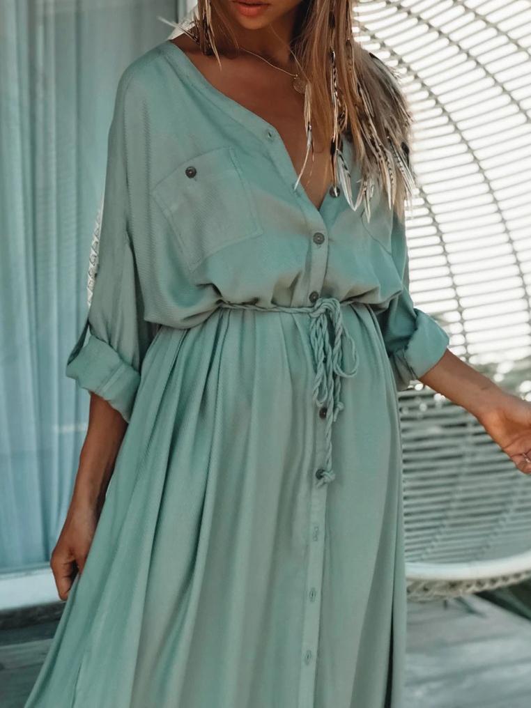 Single-breasted Belt Beach Sun Protection Shirt Long Dress - Maxi Dresses - INS | Online Fashion Free Shipping Clothing, Dresses, Tops, Shoes - 12/07/2021 - 30-40 - color-green