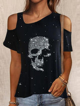 Skull Head Drill Off Shoulder Short Sleeve T-shirts - T-Shirts - INS | Online Fashion Free Shipping Clothing, Dresses, Tops, Shoes - 31/05/2021 - Category_T-Shirts - Category_Tops