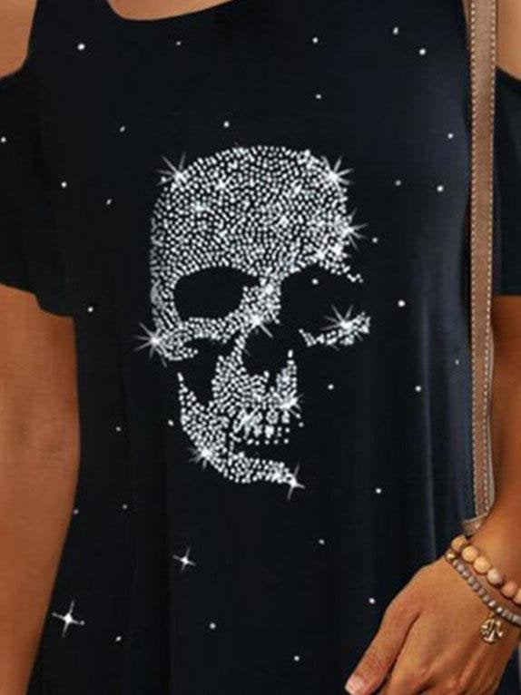 Skull Head Drill Off Shoulder Short Sleeve T-shirts - T-Shirts - INS | Online Fashion Free Shipping Clothing, Dresses, Tops, Shoes - 31/05/2021 - Category_T-Shirts - Category_Tops