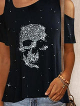 Skull Head Drill Off Shoulder Short Sleeve T-shirts - T-Shirts - INS | Online Fashion Free Shipping Clothing, Dresses, Tops, Shoes - 31/05/2021 - Category_T-Shirts - Category_Tops