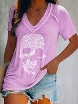 Skull Print Deep V-neck Pullover T-shirt - T-shirts - INS | Online Fashion Free Shipping Clothing, Dresses, Tops, Shoes - 10/06/2021 - Color_Blue - Color_Gray