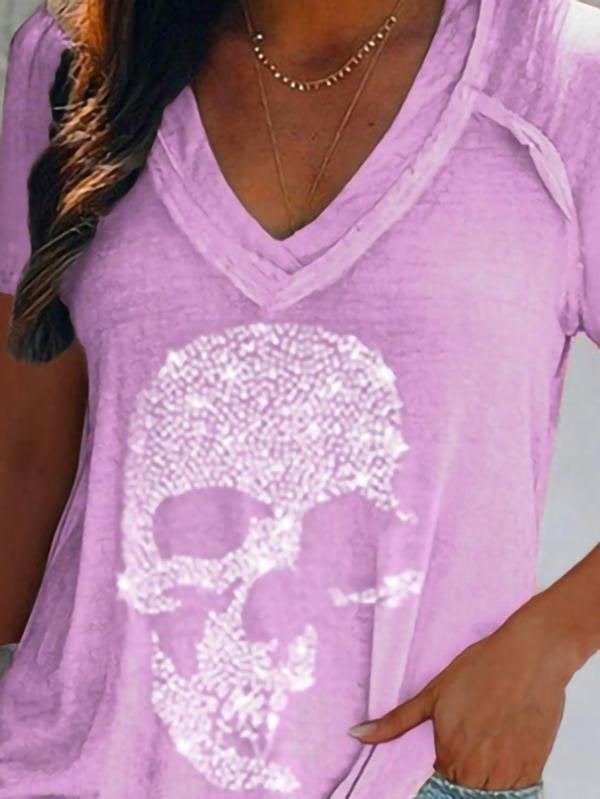 Skull Print Deep V-neck Pullover T-shirt - T-shirts - INS | Online Fashion Free Shipping Clothing, Dresses, Tops, Shoes - 10/06/2021 - Color_Blue - Color_Gray