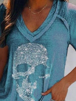 Skull Print Deep V-neck Pullover T-shirt - T-shirts - INS | Online Fashion Free Shipping Clothing, Dresses, Tops, Shoes - 10/06/2021 - Color_Blue - Color_Gray