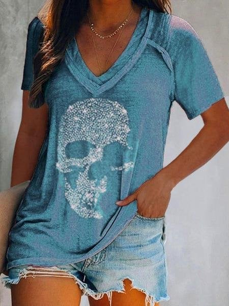 Skull Print Deep V-neck Pullover T-shirt - T-shirts - INS | Online Fashion Free Shipping Clothing, Dresses, Tops, Shoes - 10/06/2021 - Color_Blue - Color_Gray