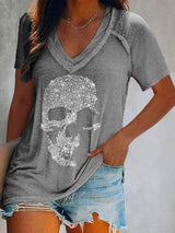 Skull Print Deep V-neck Pullover T-shirt - T-shirts - INS | Online Fashion Free Shipping Clothing, Dresses, Tops, Shoes - 10/06/2021 - Color_Blue - Color_Gray