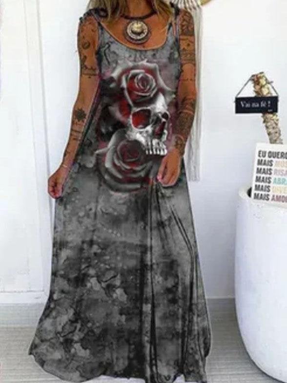 Skull Print Loose Sleeveless Dress - Maxi Dresses - INS | Online Fashion Free Shipping Clothing, Dresses, Tops, Shoes - 20-30 - 25/06/2021 - color-black