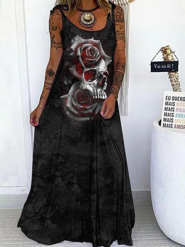 Skull Print Loose Sleeveless Dress - Maxi Dresses - INS | Online Fashion Free Shipping Clothing, Dresses, Tops, Shoes - 20-30 - 25/06/2021 - color-black