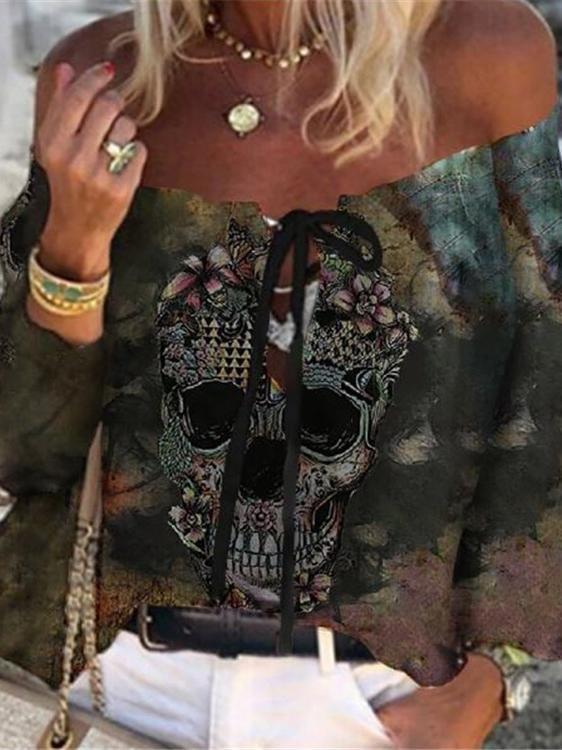 Skull Print One-neck Casual Top - Blouses - INS | Online Fashion Free Shipping Clothing, Dresses, Tops, Shoes - 07/07/2021 - 20-30 - Blouses