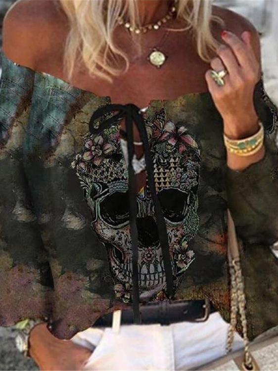 Skull Print One-neck Casual Top - Blouses - INS | Online Fashion Free Shipping Clothing, Dresses, Tops, Shoes - 07/07/2021 - 20-30 - Blouses
