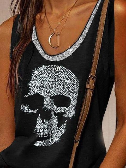 Skull Print Round Neck Loose Sleeveless T-shirt - Tank Tops - INS | Online Fashion Free Shipping Clothing, Dresses, Tops, Shoes - 10-20 - 23/07/2021 - color-black