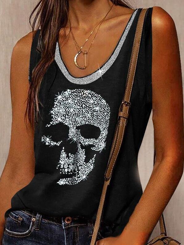 Skull Print Round Neck Loose Sleeveless T-shirt - Tank Tops - INS | Online Fashion Free Shipping Clothing, Dresses, Tops, Shoes - 10-20 - 23/07/2021 - color-black