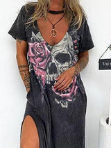 Skull Print V-neck Short Sleeve Loose Slit Dress - Maxi Dresses - INS | Online Fashion Free Shipping Clothing, Dresses, Tops, Shoes - 10/06/2021 - Category_Maxi Dresses - Color_Black