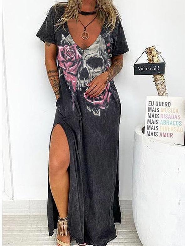 Skull Print V-neck Short Sleeve Loose Slit Dress - Maxi Dresses - INS | Online Fashion Free Shipping Clothing, Dresses, Tops, Shoes - 10/06/2021 - Category_Maxi Dresses - Color_Black