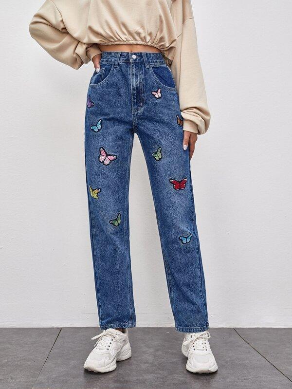 Slant Pocket Butterfly Embroidered Straight Jeans - INS | Online Fashion Free Shipping Clothing, Dresses, Tops, Shoes