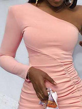 Slanted-shoulder Long-sleeved Pleated Bodycon Dress - Mini Dresses - INS | Online Fashion Free Shipping Clothing, Dresses, Tops, Shoes - 05/07/2021 - 10-20 - color-pink