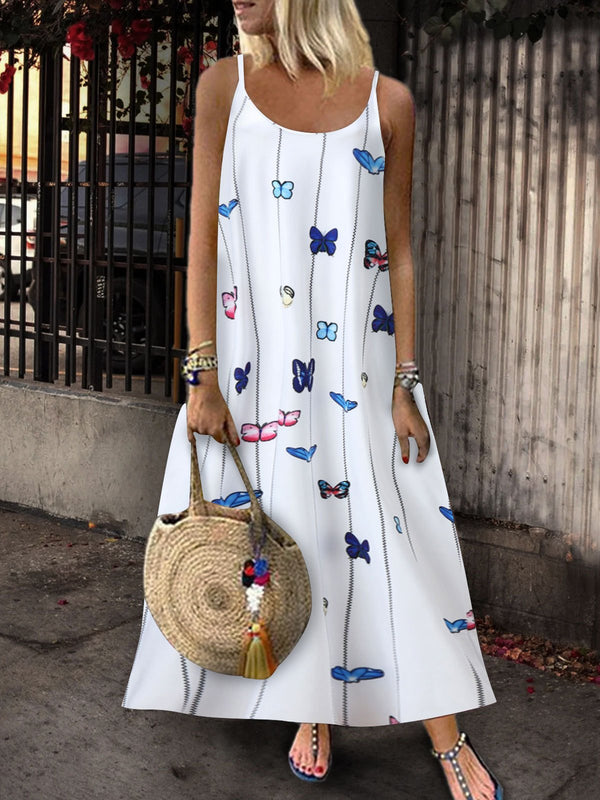 Sleeveless Butterfly Print Suspender Dress - Maxi Dresses - INS | Online Fashion Free Shipping Clothing, Dresses, Tops, Shoes - 05/07/2021 - 20-30 - color-light-white