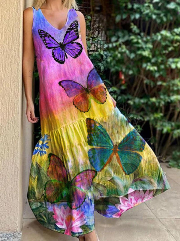 Sleeveless Butterfly Print Tie-dye Dress - Maxi Dresses - INS | Online Fashion Free Shipping Clothing, Dresses, Tops, Shoes - 20-30 - 29/06/2021 - color-purple