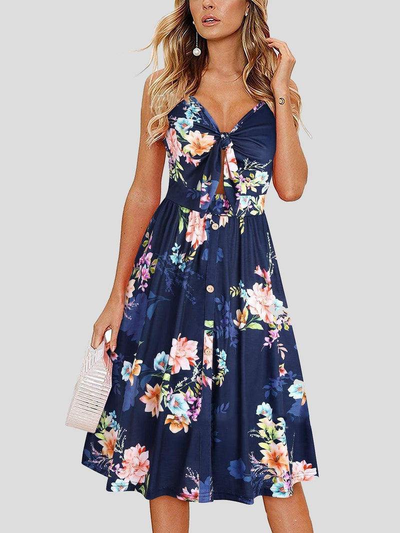 Sleeveless Floral Print Knotted V-neck Dress - Mini Dresses - INS | Online Fashion Free Shipping Clothing, Dresses, Tops, Shoes - 20-30 - 28/06/2021 - color-blue