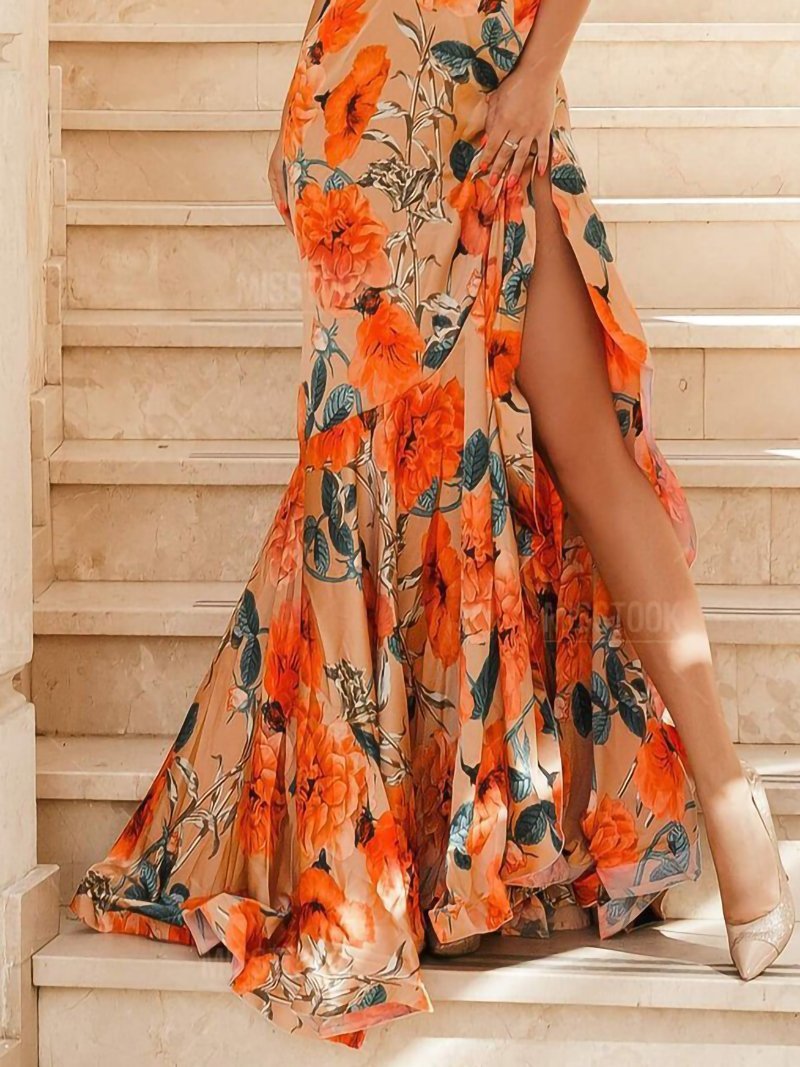 Sleeveless Halter Print Split Long Dress - Maxi Dresses - INS | Online Fashion Free Shipping Clothing, Dresses, Tops, Shoes - 20-30 - 21/07/2021 - color-orange