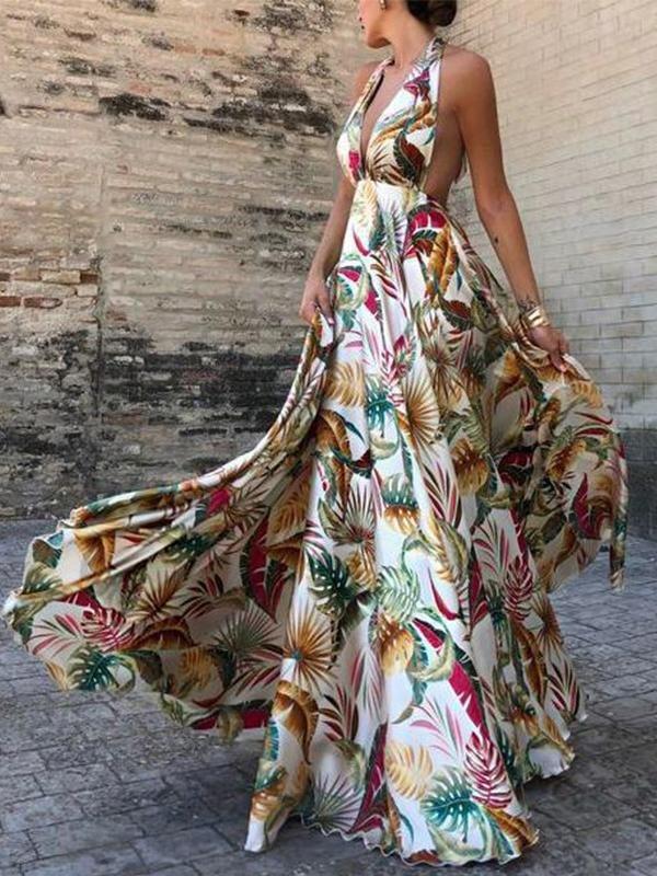 Sleeveless Halterneck Print Backless Dress - Maxi Dresses - INS | Online Fashion Free Shipping Clothing, Dresses, Tops, Shoes - 21/06/2021 - 40-50 - color-yellow