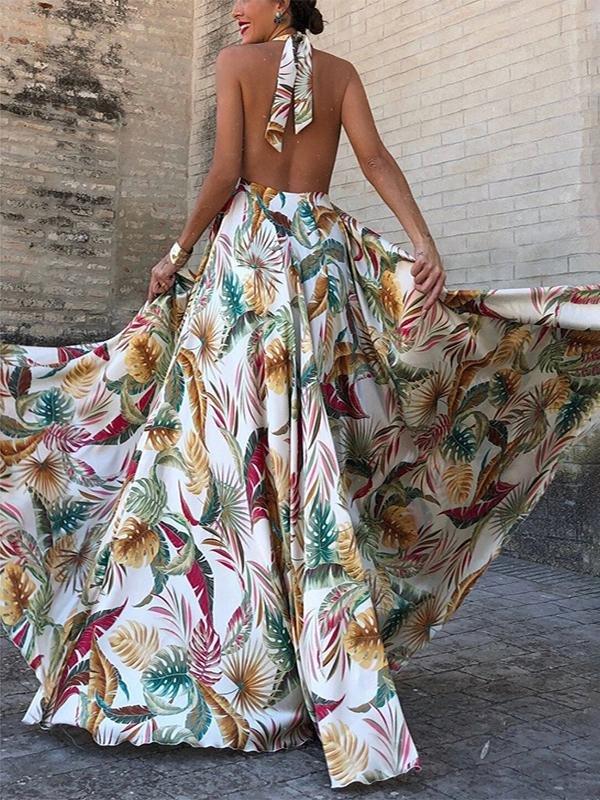 Sleeveless Halterneck Print Backless Dress - Maxi Dresses - INS | Online Fashion Free Shipping Clothing, Dresses, Tops, Shoes - 21/06/2021 - 40-50 - color-yellow