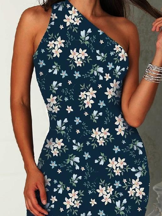 Sleeveless Oblique Shoulder Floral Print Dress - Mini Dresses - INS | Online Fashion Free Shipping Clothing, Dresses, Tops, Shoes - 09/06/2021 - Color_Blue - Color_Gray