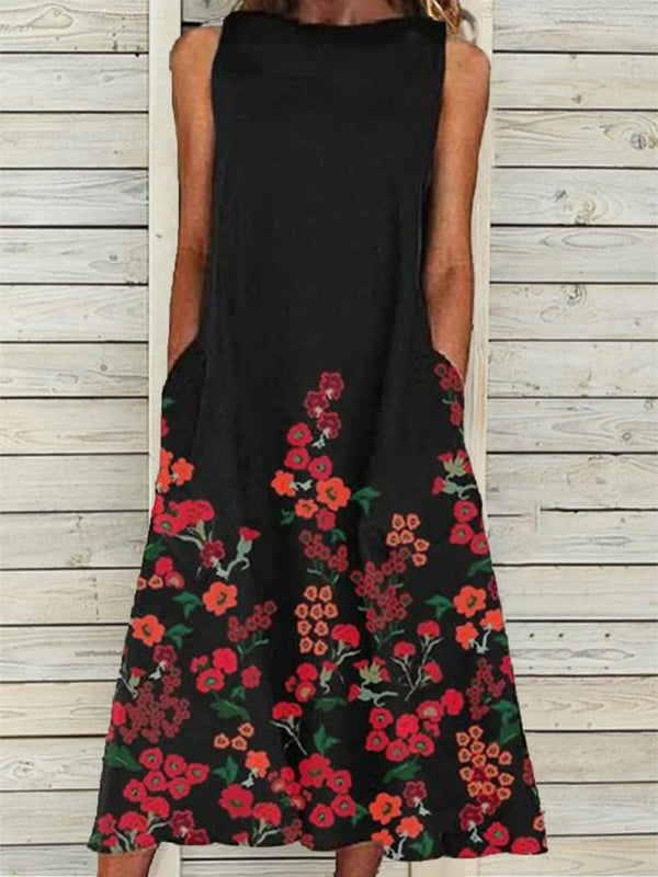 Sleeveless Pocket Round Neck Print Dress - Midi Dresses - INS | Online Fashion Free Shipping Clothing, Dresses, Tops, Shoes - 08/06/2021 - Category_Midi Dresses - Color_Black