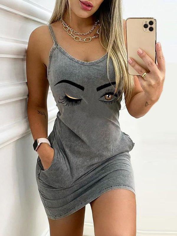 Sleeveless Sling Print Bag Hip Tight Dress - Mini Dresses - INS | Online Fashion Free Shipping Clothing, Dresses, Tops, Shoes - 05/17/2021 - Category_Mini Dresses - Color_Eyes