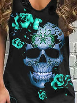 Sleeveless Summer Fashion Skull And Rose Print V-neck Dress - Mini Dresses - INS | Online Fashion Free Shipping Clothing, Dresses, Tops, Shoes - 17/07/2021 - 20-30 - color-green