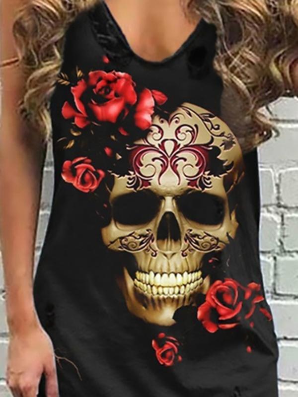 Sleeveless Summer Fashion Skull And Rose Print V-neck Dress - Mini Dresses - INS | Online Fashion Free Shipping Clothing, Dresses, Tops, Shoes - 17/07/2021 - 20-30 - color-green