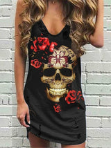 Sleeveless Summer Fashion Skull And Rose Print V-neck Dress - Mini Dresses - INS | Online Fashion Free Shipping Clothing, Dresses, Tops, Shoes - 17/07/2021 - 20-30 - color-green