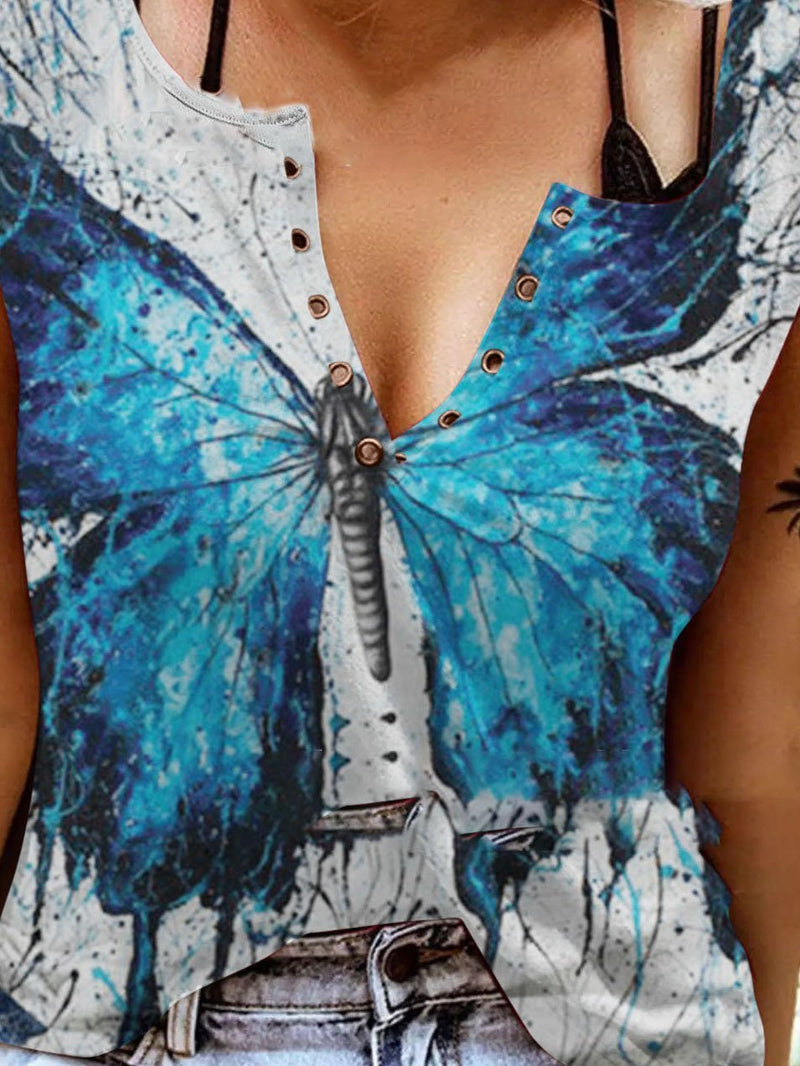 Sleeveless V-neck Butterfly Print Tank Top - Tanks - INS | Online Fashion Free Shipping Clothing, Dresses, Tops, Shoes - 05/06/2021 - Category_Tanks - Color_Black