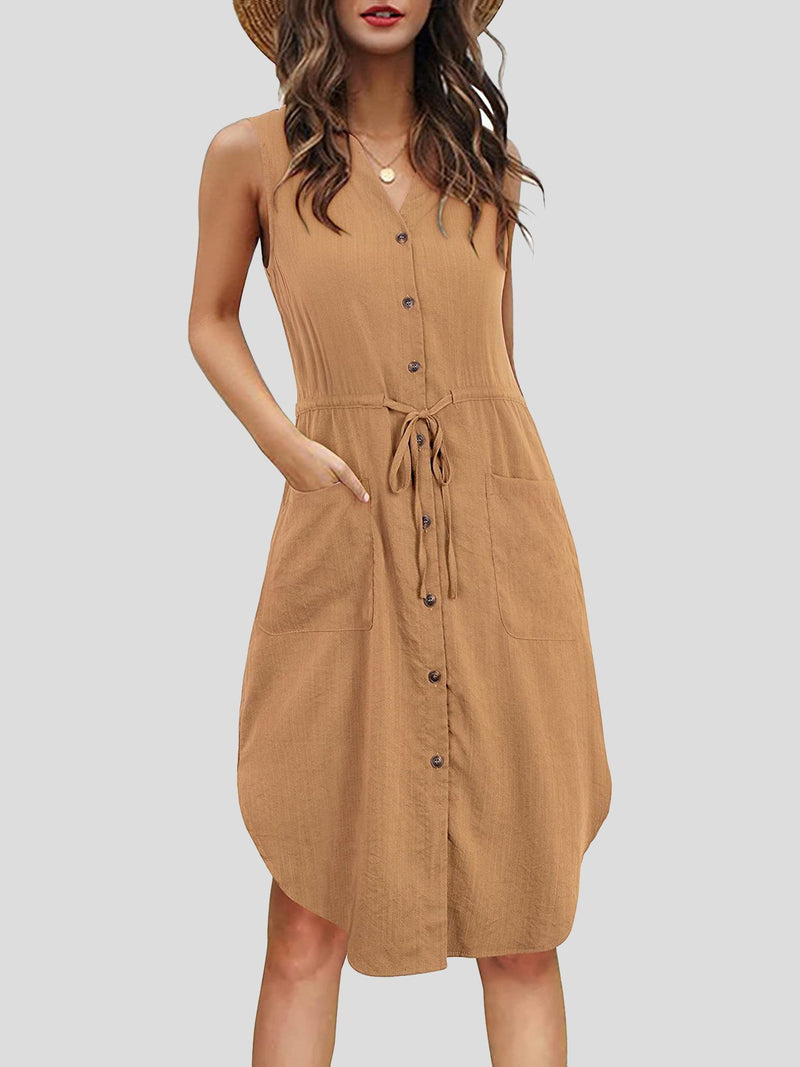 Sleeveless V-Neck Button Belted Pocket Dress - Mini Dresses - INS | Online Fashion Free Shipping Clothing, Dresses, Tops, Shoes - 07/07/2021 - 20-30 - Category_Mini Dresses