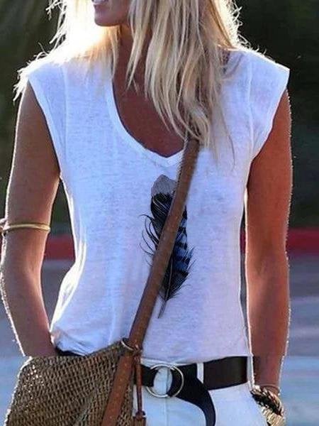 Sleeveless V-neck Feather Print Vest - Tank Tops - INS | Online Fashion Free Shipping Clothing, Dresses, Tops, Shoes - 07/07/2021 - 10-20 - color-white