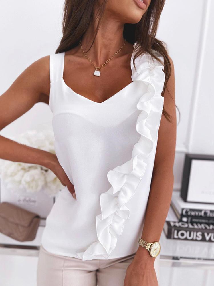 Sleeveless V-neck Halter Ruffled Tanks Tops - Tanks Tops - INS | Online Fashion Free Shipping Clothing, Dresses, Tops, Shoes - 08/06/2021 - Category_Tank Tops - Color_White