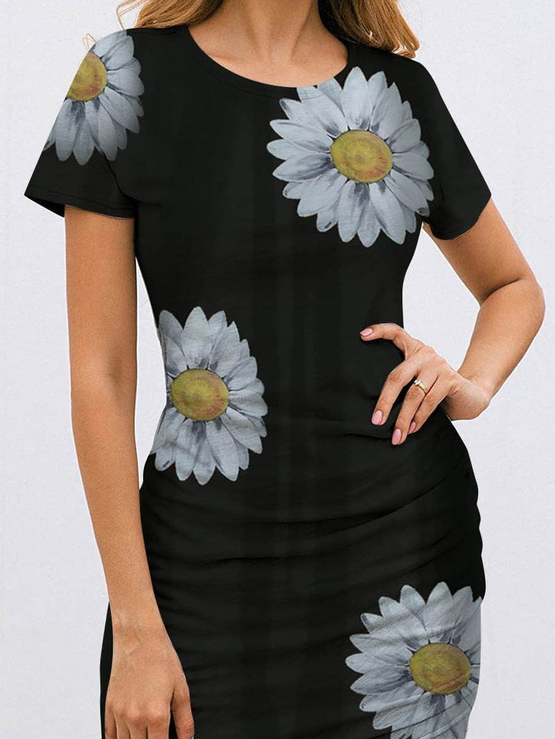 Slim Butterfly Print Round Neck Short-sleeved Dress - Mini Dresses - INS | Online Fashion Free Shipping Clothing, Dresses, Tops, Shoes - 09/06/2021 - Color_Black - Color_Blue