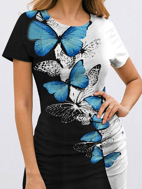 Slim Butterfly Print Round Neck Short-sleeved Dress - Mini Dresses - INS | Online Fashion Free Shipping Clothing, Dresses, Tops, Shoes - 09/06/2021 - Color_Black - Color_Blue