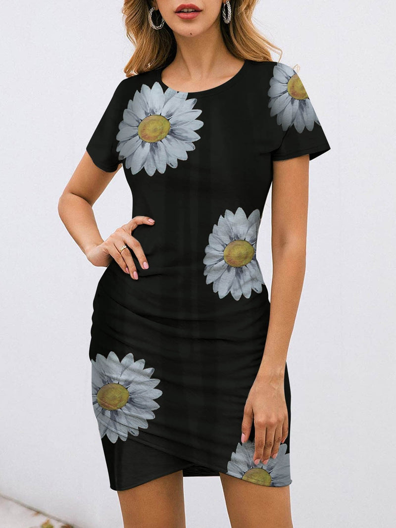 Slim Butterfly Print Round Neck Short-sleeved Dress - Mini Dresses - INS | Online Fashion Free Shipping Clothing, Dresses, Tops, Shoes - 09/06/2021 - Color_Black - Color_Blue