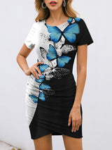 Slim Butterfly Print Round Neck Short-sleeved Dress - Mini Dresses - INS | Online Fashion Free Shipping Clothing, Dresses, Tops, Shoes - 09/06/2021 - Color_Black - Color_Blue