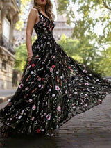 Slim Deep V Neck Sleeveless Embroidered Long Dress - Maxi Dresses - INS | Online Fashion Free Shipping Clothing, Dresses, Tops, Shoes - 20/07/2021 - color-black - Color_Black